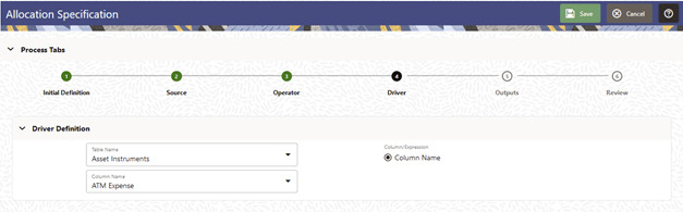 For a Field Allocation Type, the Driver Process Tab displays the Driver Definition Pane that lets you choose the Driver Table and the Driver Column to serve as the source of your Driver Data. For a Field Allocation Type, the Driver Process Tab displays the Driver Definition Pane that lets you choose the Driver Table and the Driver Column to serve as the source of your Driver Data.