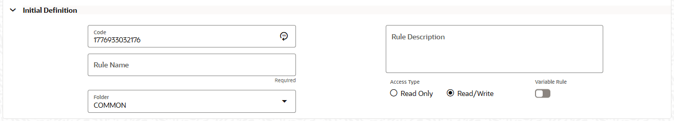 This screen allows you to define new allocation specification rule by entering rule name, description, folder, access type, Variable Rule, and Scenario Variable.