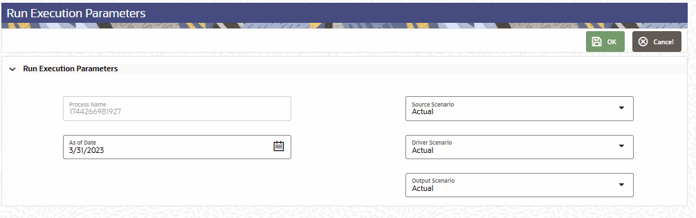 Run Execution Parameters screen with scenario fields