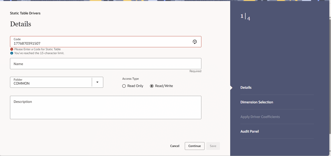 Static Table Drivers - Details screen Static Table Drivers - Details screen