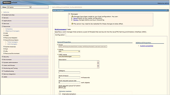 This illustration displays the Configure Work Managers page. After you enter all the details to create a new manager, click Save.