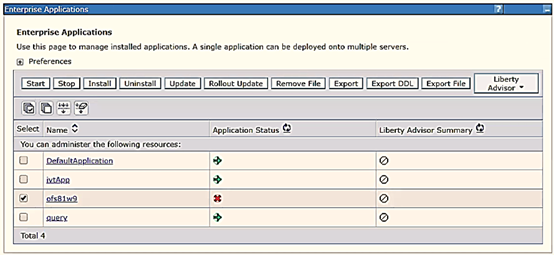 This illustration displays the Enterprise Applications Window. Select the installed application and click Start.