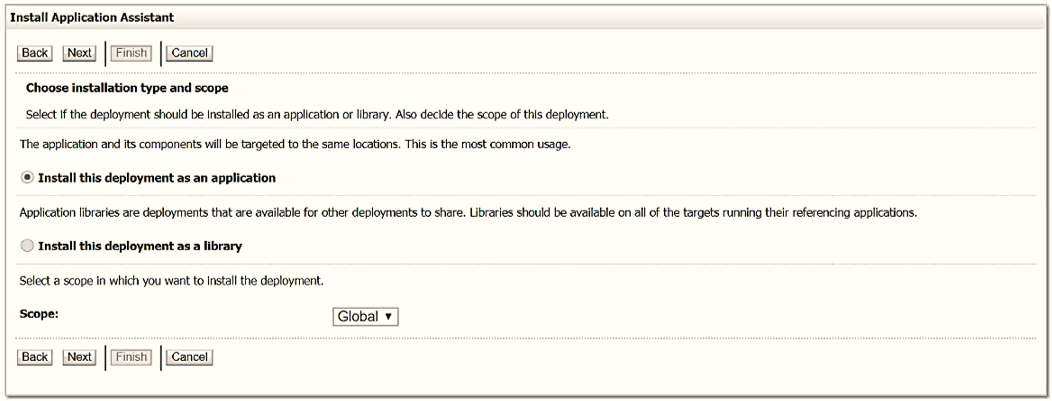 This illustration displays the Install Application Assistant window. From the Choose targeting style section, select Install this deployment as an application, and click Next.