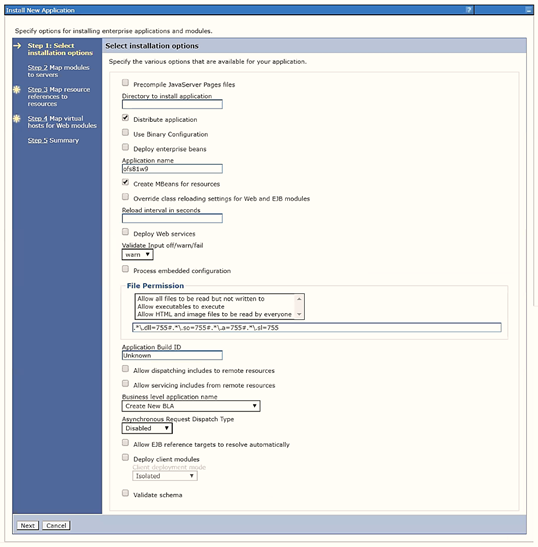 This illustration displays the Install New Application page. Enter the required information and click Next to display the Map Modules to the Servers window.