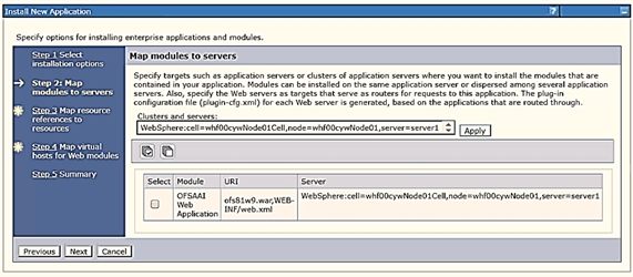 This illustration displays the Map Modules to Servers window. Select the Web Application and click Next to display the Map Resource References to Resources window.