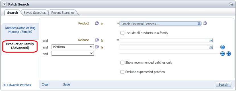 This illustration displays the procedure to search the patch using Advanced search option Product of Family.