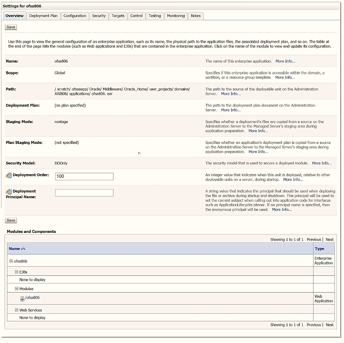 This illustration displays the Settings for Deployment Name window. Review the general configuration details of the deployment. You can also update the configuration of the deployment in this window. In the Overview tab, you can view the complete deployment configuration. Click Save to update the changes, if any.