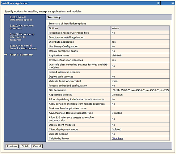 This illustration displays the Summary window. Click Finish to deploy the Infrastructure Application on WebSphere. On successful installation, a message is displayed. Click Save to save the master file configuration. The details are displayed in the Master File Configuration window.