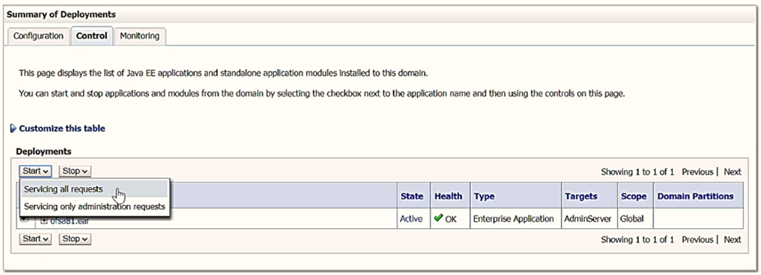 This illustration displays the Summary of Deployments window. Select the newly deployed Infrastructure application. Click Start and then select Servicing all requests.