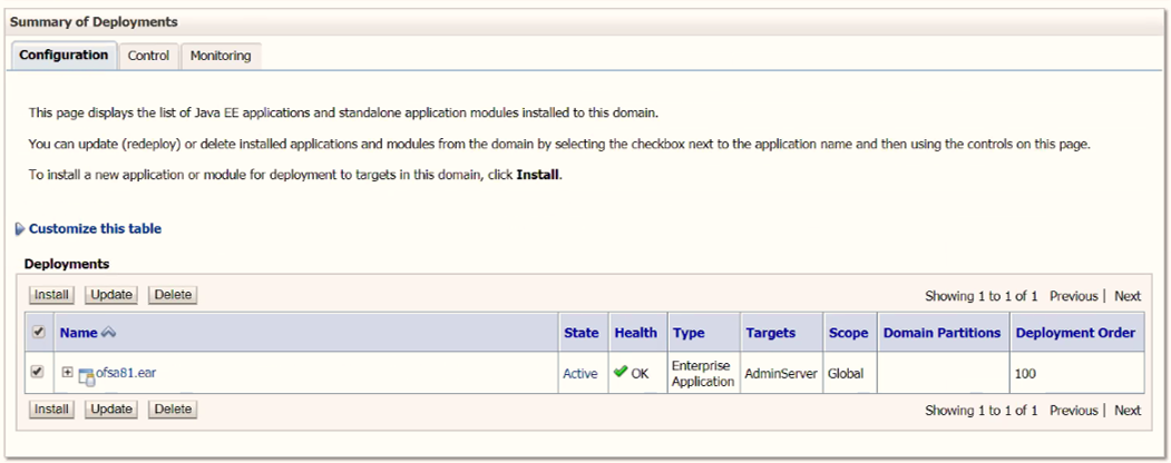 This illustration displays the Summary of Deployments window. The state of the deployed application is displayed as Active if started successfully.