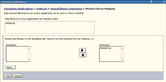 This illustration displays the WebSphere Shared Libraries Mapping Selection. Click Ok for the selected JERSEY2x. Similarly, select the next application or module and repeat the procedure.