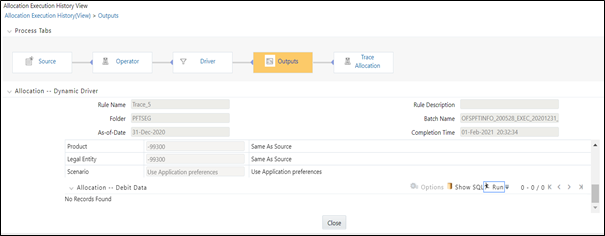 The Outputs tab displays the details about the allocation's Output specification at the time it was run. This view-only screen also offers an inline report of the Output data generated by the allocation rule at the time it was run.