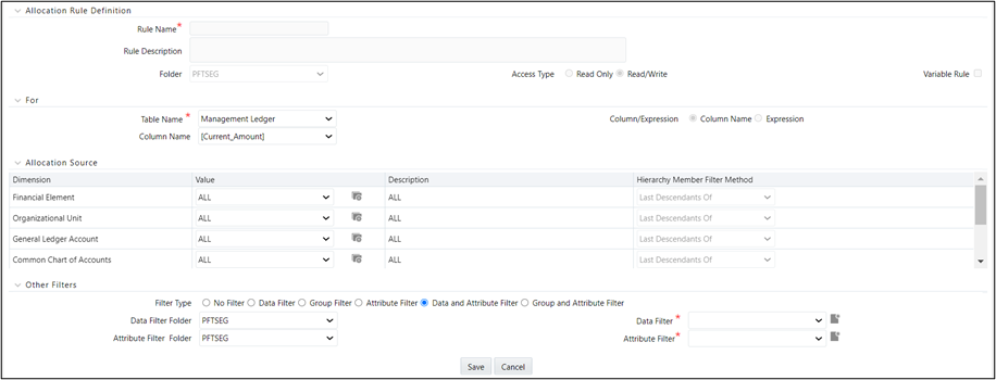 This screen allows you to define the allocation specification rule with a variable rule option selected.