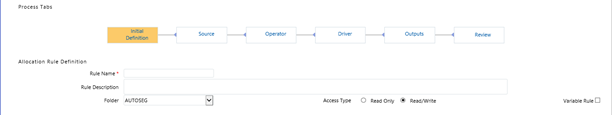 This screen allows you to define new allocation specification rule by entering rule name, description, folder, access type, and variable rule.