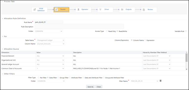 The Allocation Source pane is used to provide dimensional constraints on your Source data. For any dimension, you may constrain your source data by selecting a leaf member, a roll-up member within a Hierarchy, or a Hierarchy Filter.