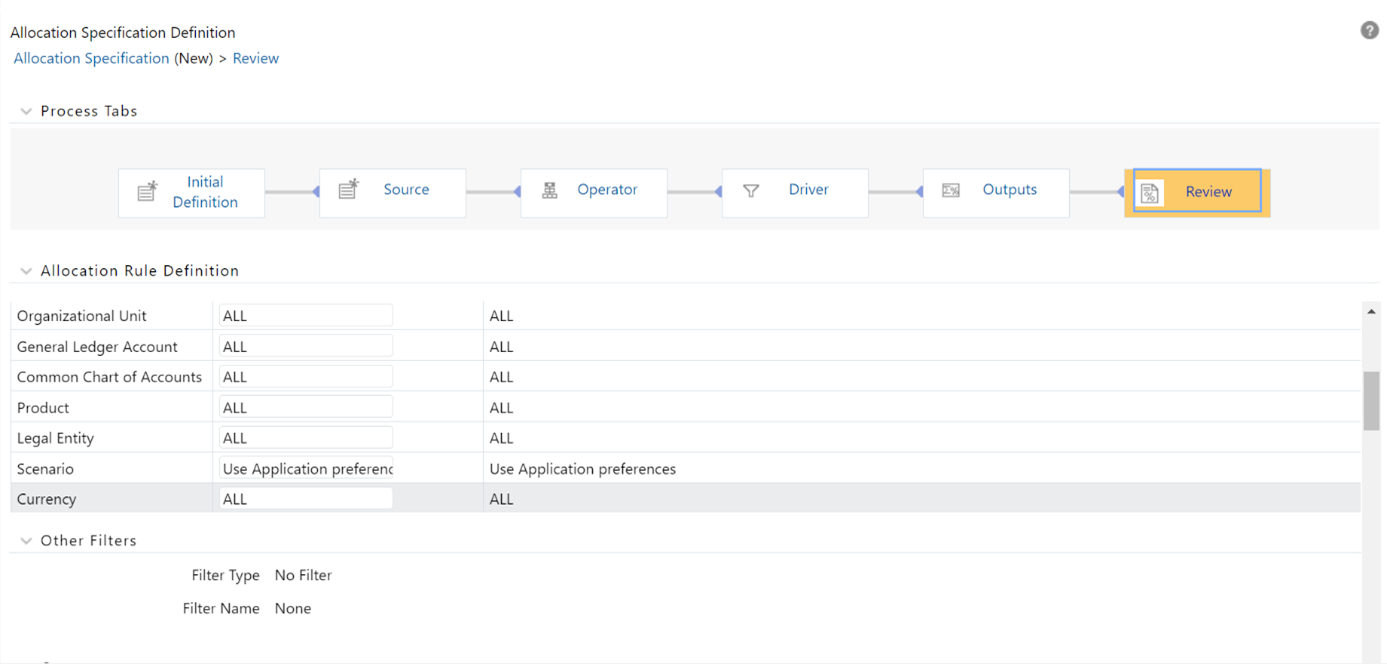 The Review process tab displays a single-page, printable report of an Allocation rule's specification. The Review process tab displays a single-page, printable report of an Allocation rule's specification.