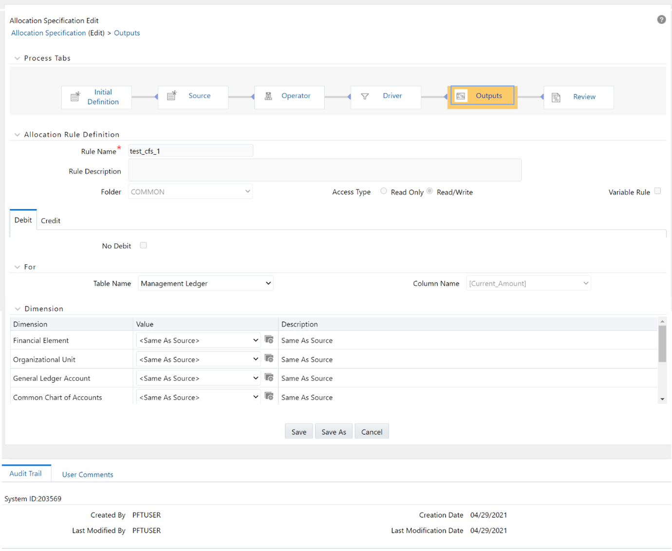 In your allocation Output Debit, specify < Same as Table > for the Organizational Unit dimension and specify < Same as Source > for every other dimension.
