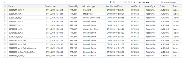 This screen displays the allocation specification definitions that are already defined. This screen allows you to select an allocation specification and perform opetions like edit, delete, view, view dependency, and so on. This screen also allows you to navigate to the new allocation definition.