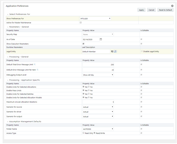 The Application Preference screen allows you to define the preferences that are used by the Profitability Management application. This is a one-step process and defined the first time when you are going to use the application.