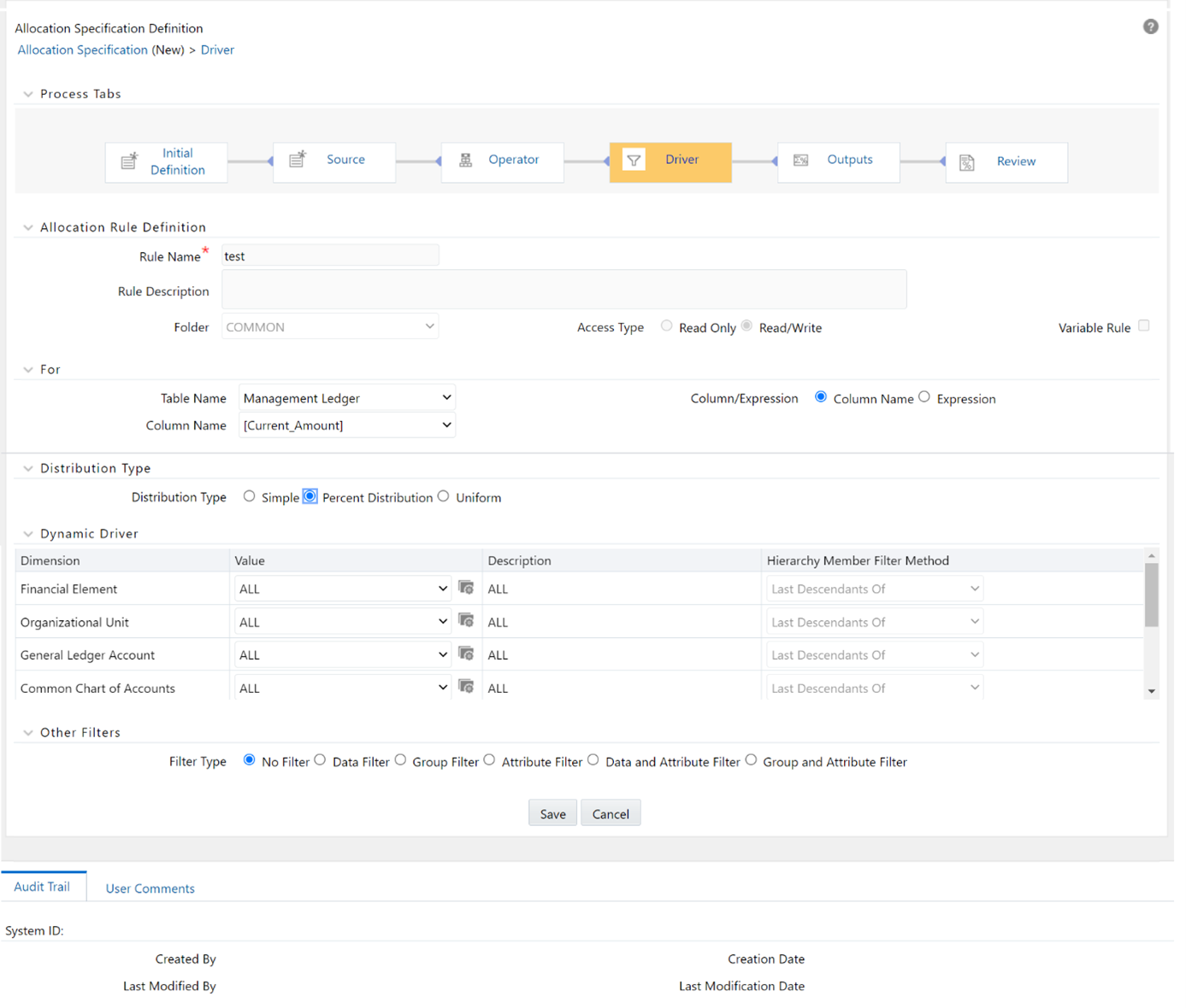 The Distribution Type pane is only displayed for the Dynamic Driver allocation type. Use this pane to select the Simple, Percent Distribution, or Uniform Distribution method.