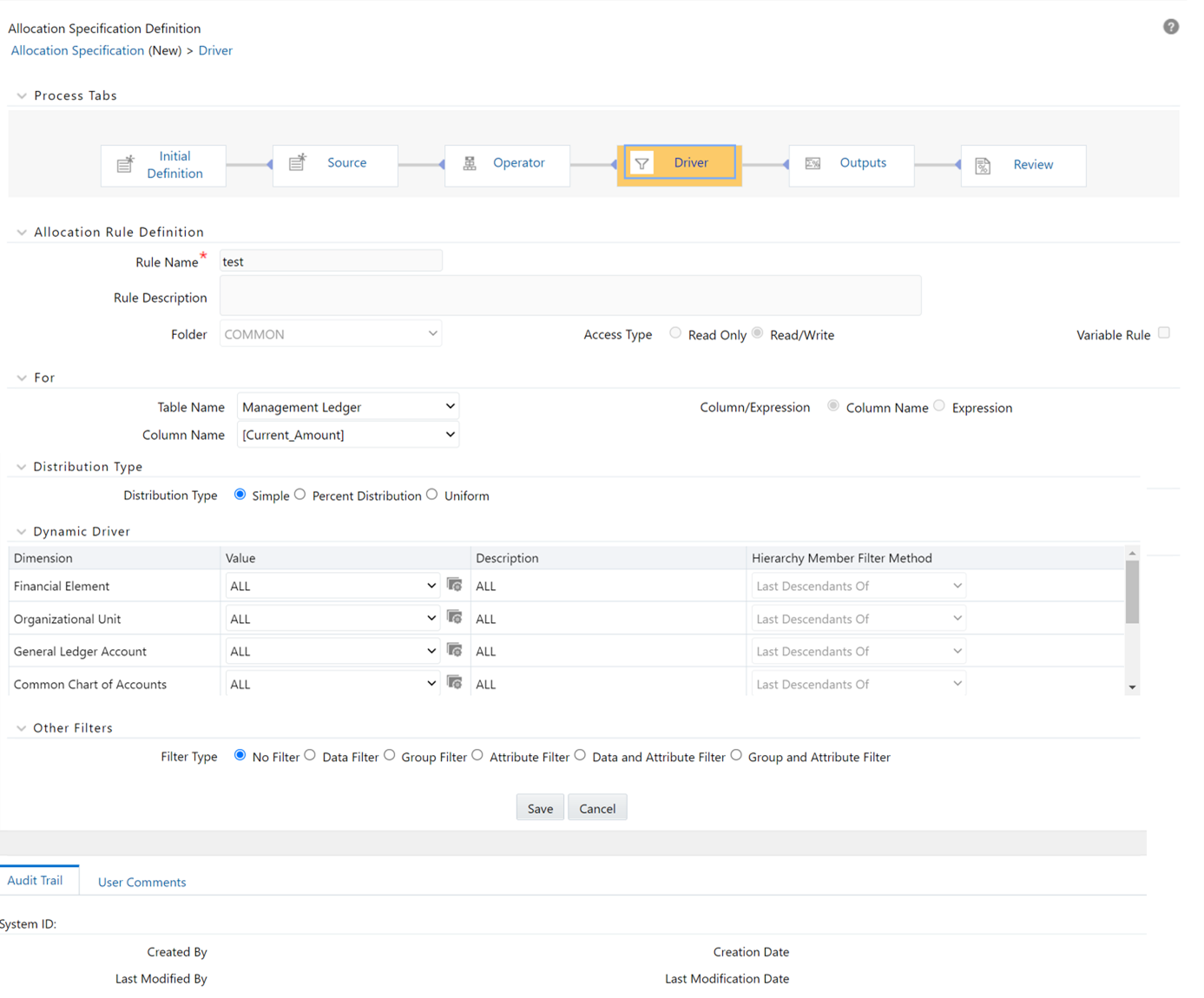For the Dynamic Driver allocation type, use this pane to supply dimensional constraints for your driver data. You supply dimensional constraints using the hierarchy browser. From the Dynamic Driver pane, the behavior of the hierarchy browser is identical to the hierarchy browser.