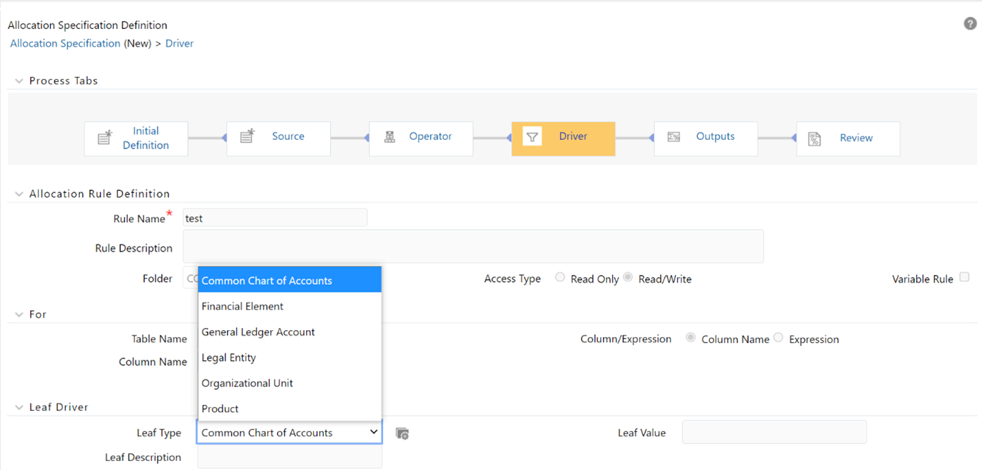The Leaf Driver pane is only displayed for the Leaf allocation type. Use this pane to specify the dimension and leaf value you wish to use.