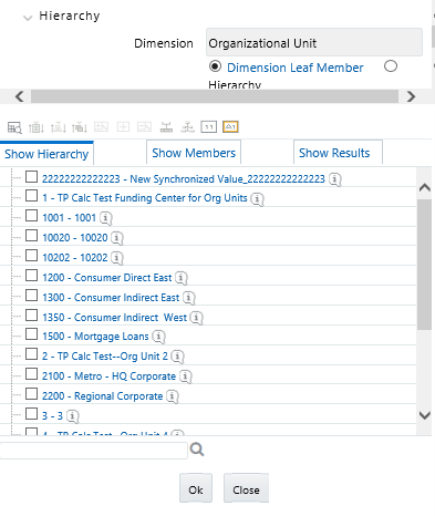 To select hierarchy rollup point members, click Hierarchy near the top of the browser window and then search for the hierarchy you wish to use. After the browser window displays your chosen hierarchy navigate into the hierarchy until you have found the rollup points you want.