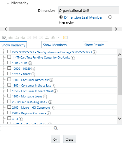 To select hierarchy rollup point members, click Hierarchy near the top of the browser window and then search for the hierarchy you wish to use. After the browser window displays your chosen hierarchy navigate into the hierarchy until you have found the rollup points you want.