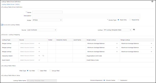 This screen allows you to match the Lookup Table Driver rules with Range Lookup, Exact Match, or Hieracrchy Match.