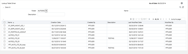 The Lookup Table Driver Summary screen displays the rules that are already defined. You can select a rule and edit, view, delete, check dependencies, and copy it. This screen also allows you to navigate to define a new lookup table driver rule. The Lookup Table Driver Summary screen displays the rules that are already defined. You can select a rule and edit, view, delete, check dependencies, and copy it. This screen also allows you to navigate to define a new lookup table driver rule.