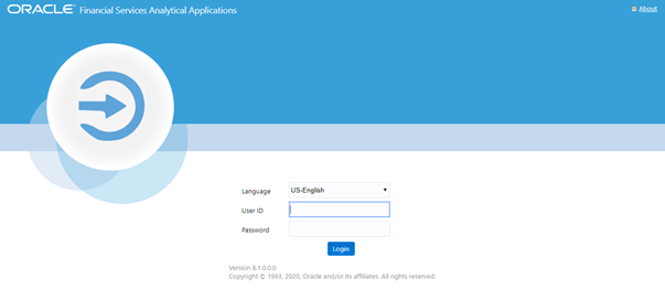 This illustration shows the login page for the OFSAA applications. You can select the required Language, enter valid User ID and Password, and then click Login.