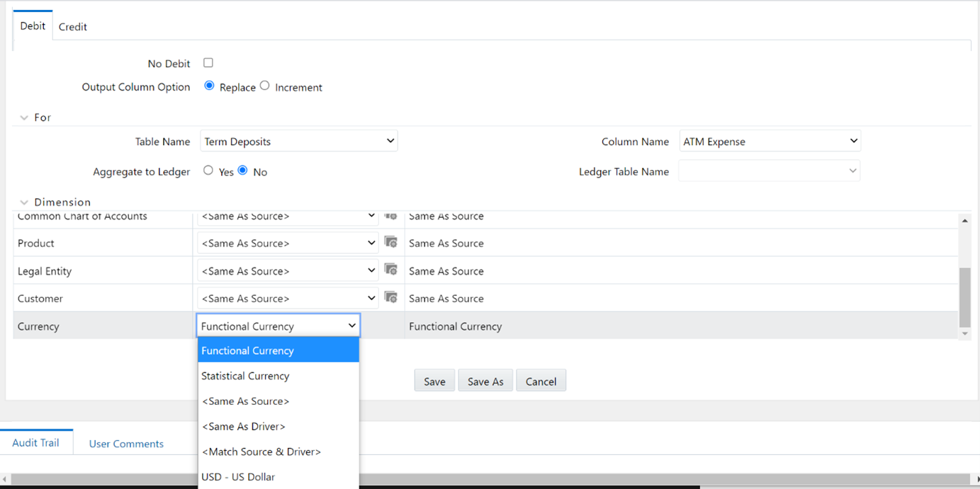 The Debit and Credit pages within the Output tab also support a <Same as Source> macro. For Dynamic Driver rules, the Debit and Credit pages also support <Same as Driver> and <Match Source & Driver>.