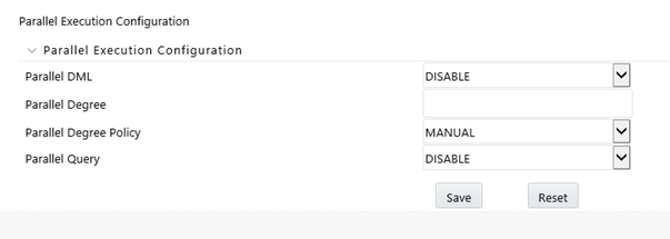 The Parallel Execution Configuration window allows you to define the parallel execution parameters for Profitability Management application.