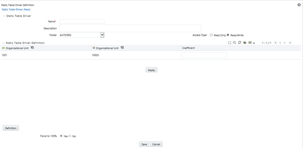 In this screen, you define the coefficient values to the Static Table Driver Rule that you are creating. Navigate to the Coefficient tab to assign coefficients to combinations of Key leaf (or node) values and Target leaf values.