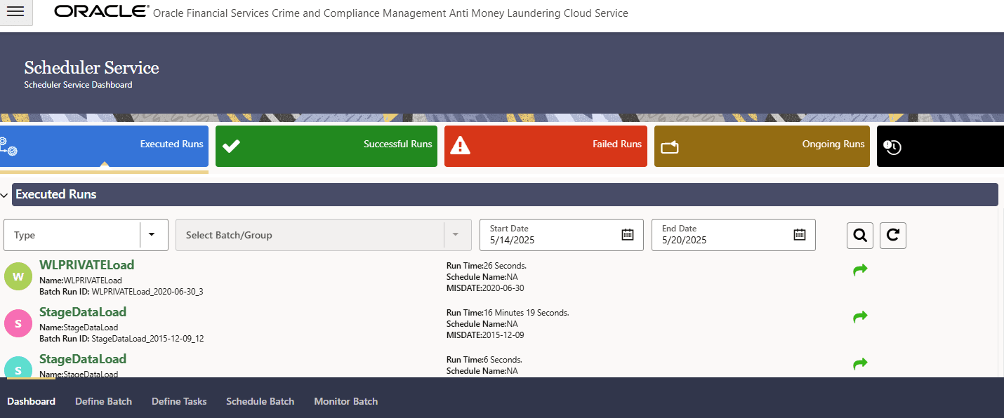 The Scheduler Service Dashboard screen