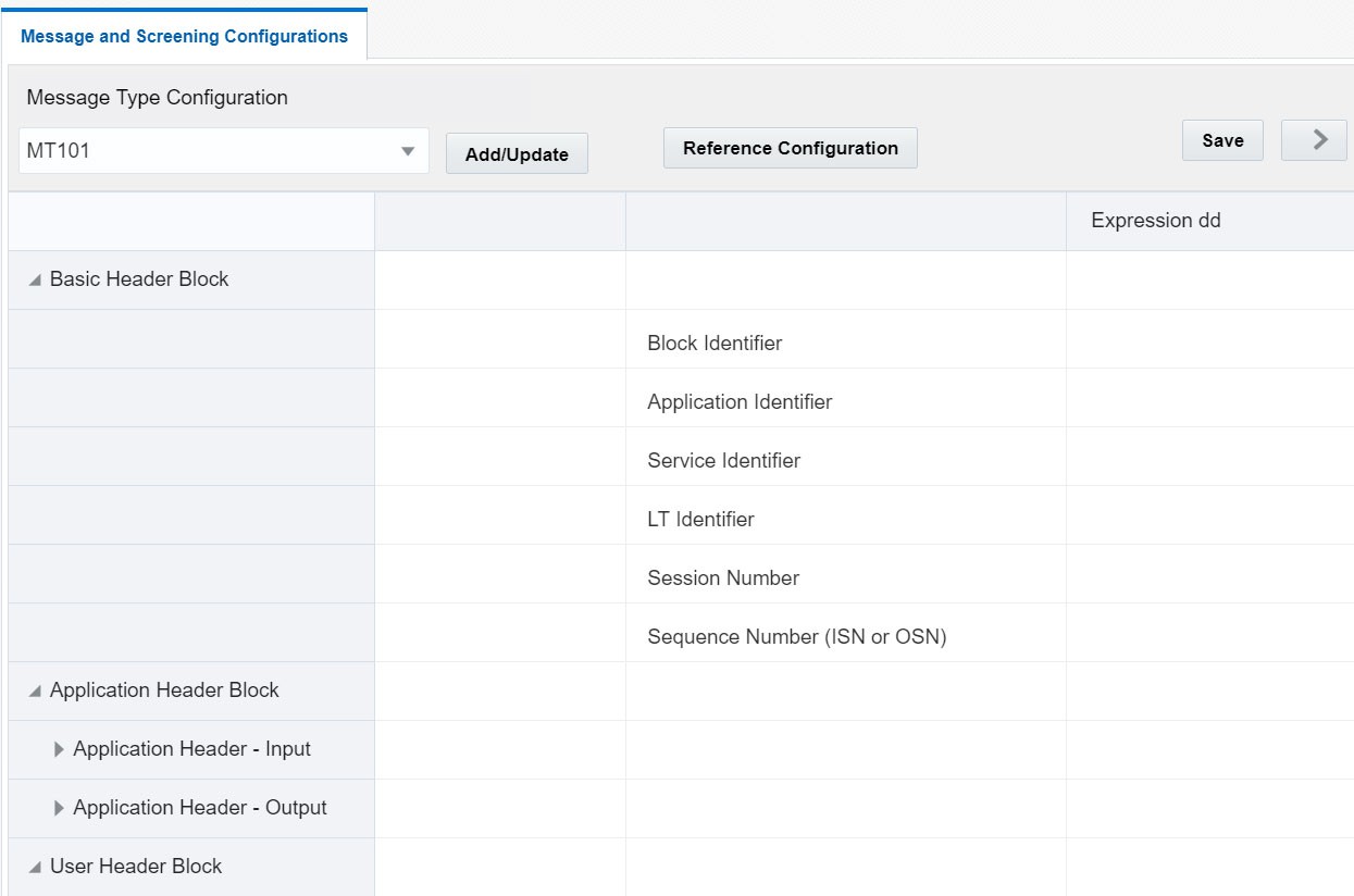 Message and Screening Configurations Window for SWIFT