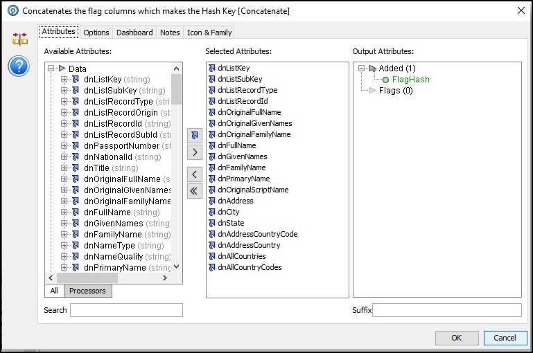 The following illustration shows the attributes for the Concatenates the flag columns which makes the Hash Key group.