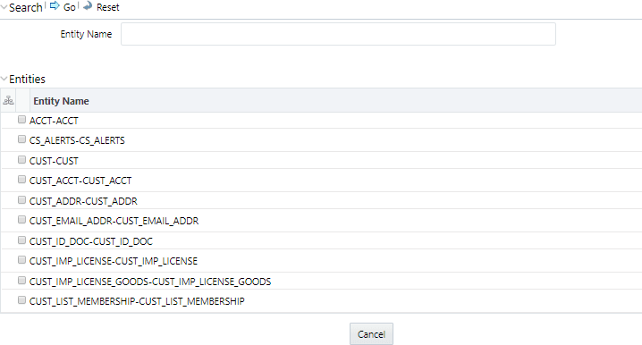 Description of Entities List follows This illustration shows all the tables you can import from the selected Business Entity.