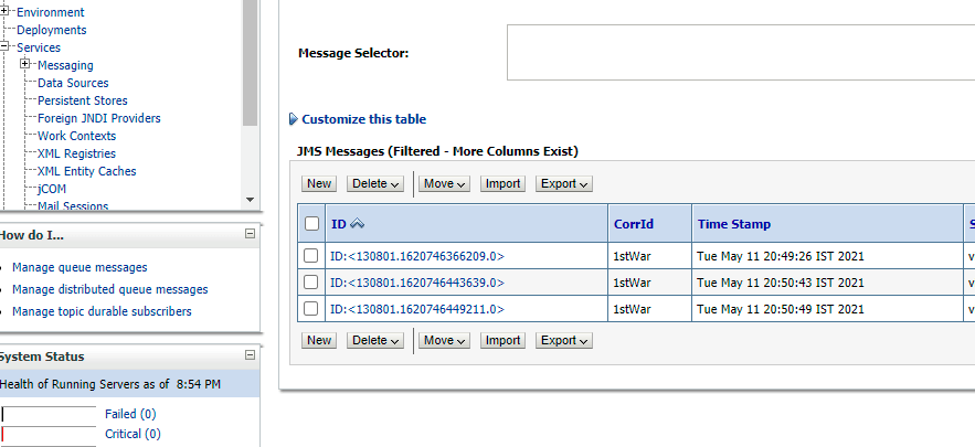 The following illustration shows the JMS Message Output Queue with the initial and final feedback.