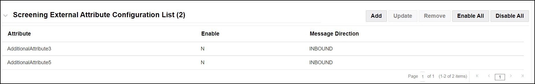 The following illustration shows the External Attribute List window. This page provides the screen external attribute configuration list, which displays the details of the attribute name, enable status, and message direction details. You can also Add, Update, Remove, Disable and Enable attributes from this page.
