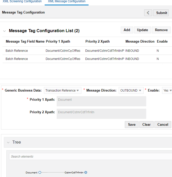 Description of adding a message configuration follows This illustration shows the options to select the business data value, message direction, enable or disable the value when the message is screened, and choose the priority 1 XPath and priority 2 XPath.