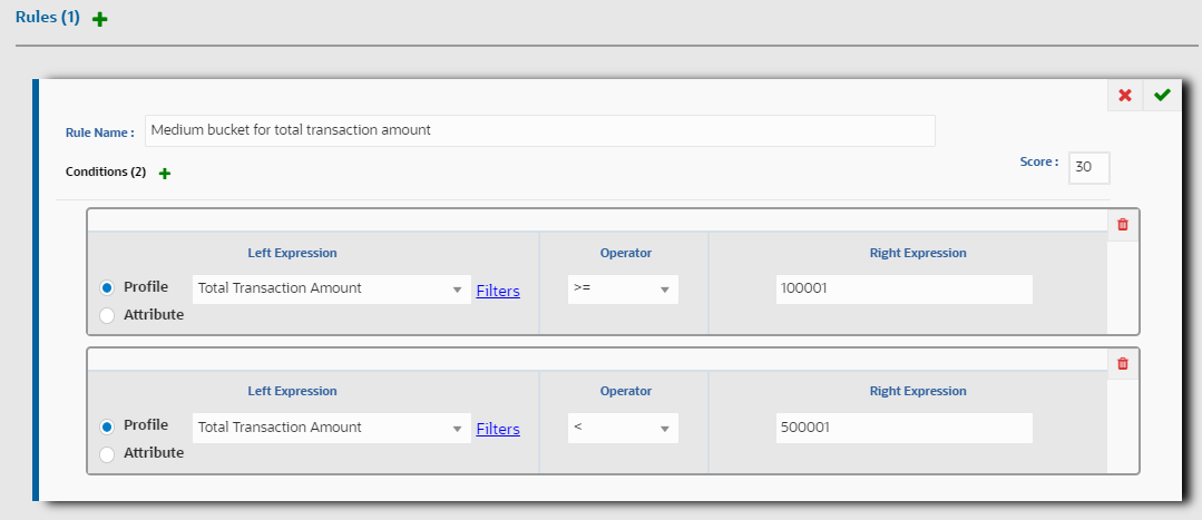 This image shows the Rules window for the Medium bucket for total transaction amount rule with the conditions displaying as described in the steps.