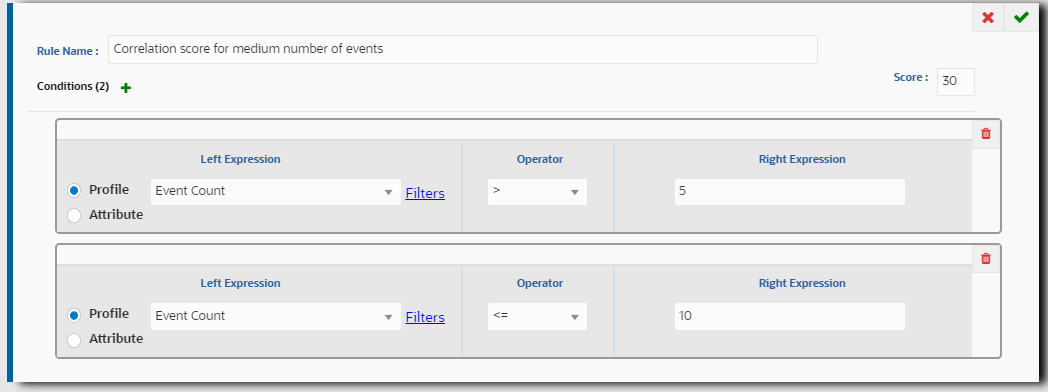 This image shows the Rules window for the Medium number of events rule with the conditions displaying as described in the steps.