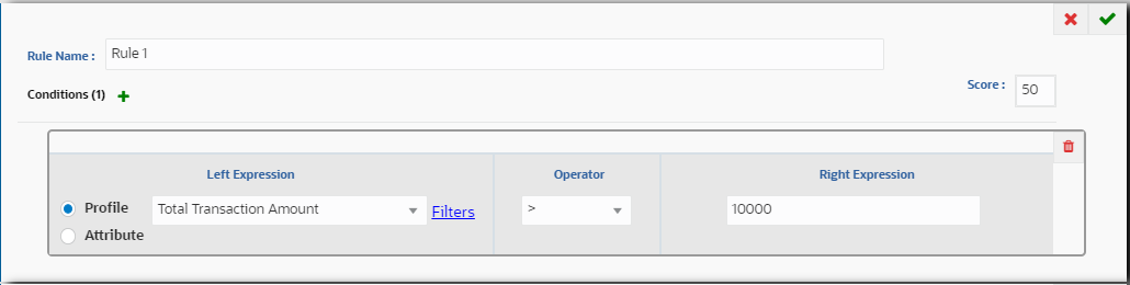 This image shows the Rules window for Rule 1 with the conditions displaying as described in the steps.