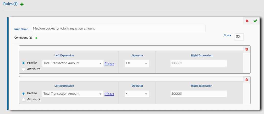 This image shows the Rules window for the Medium bucket for total transaction amount rule with the conditions displaying as described in the steps. This image shows the Rules window for the Medium bucket for total transaction amount rule with the conditions displaying as described in the steps.