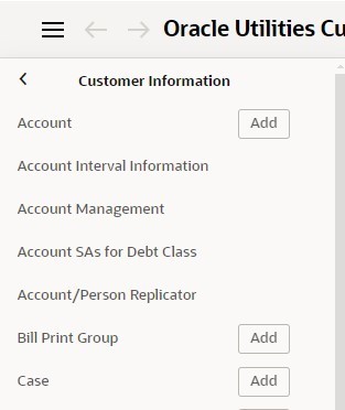This screenshot shows the Customer Information submenu. Several options are visible. Some have an additional Add button.