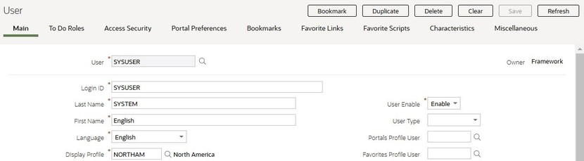 User page showing various buttons on the top right, above the various tabs. Here, Main tab is selected and it's content is shown.