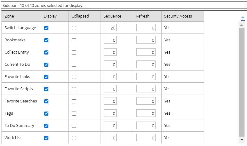 Screenshot of sidebar zones table. To the right, the scroll bar and the Expand button expanded are shown.