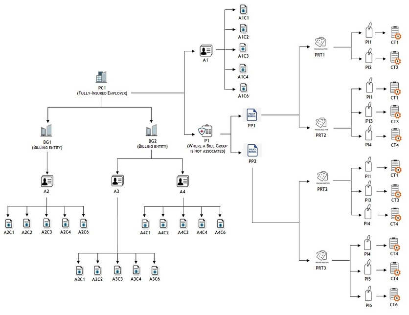 The figure illustrates how the contracts are created across the fully-insured group policies and plans for all accounts of a parent customer.