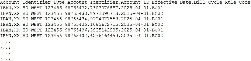 The image illustrates a sample CSV file format for mass bill cycle rule characteristic creation or modification.